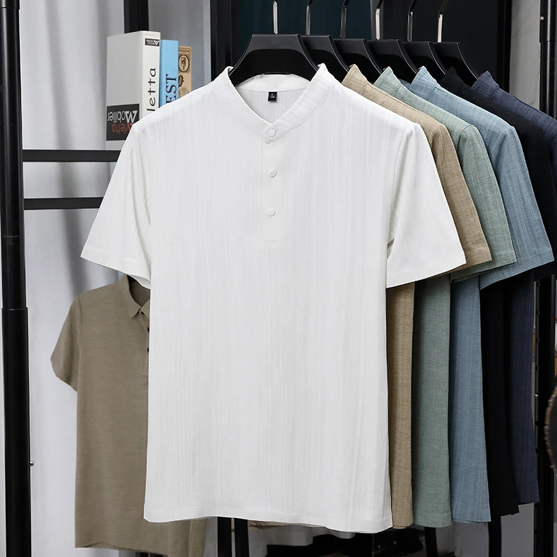 Mens Mandarin Collar Half Plac - огляд і ціна Linen Shirt Breathable