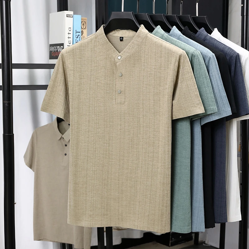 Mens Mandarin Collar Half Plac - огляд і ціна Linen Shirt Breathable